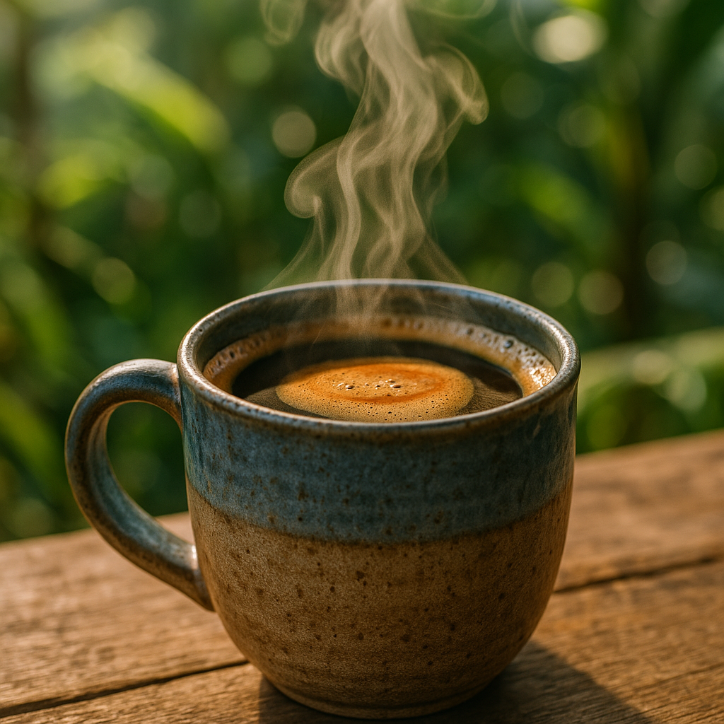 Café costarricense servido en taza de cerámica con fondo natural